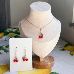 Cherry Jewelry Set, Pearl Crystal Charm Dainty, Coquette, Cottagecore, Casual